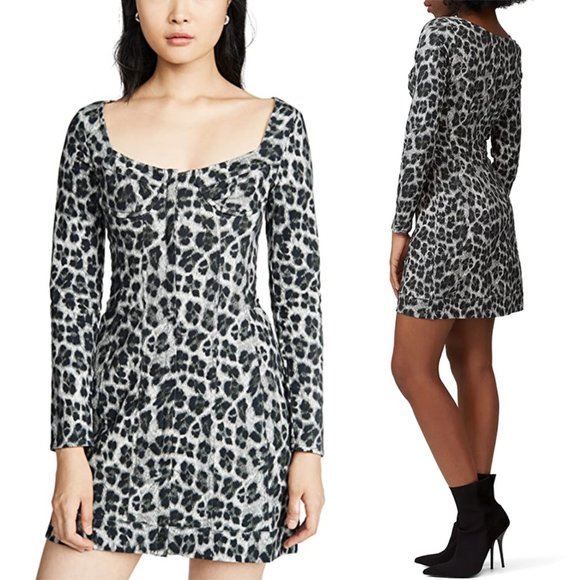Miaou Dree Black Grey Leopard Printed Denim Bustier Zip Up Front Mini Dress XS - Picture 1 of 9